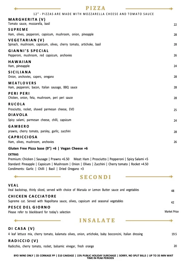 Menu, Gianni's