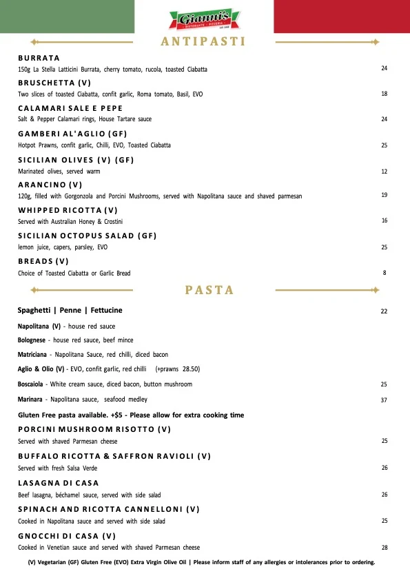 Menu, Gianni's