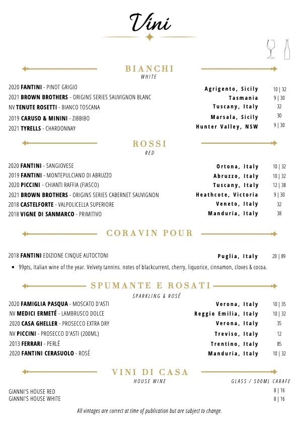 Menu, Gianni's