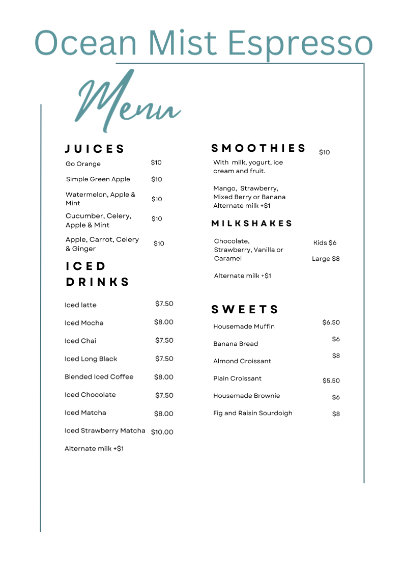 Menu, Ocean Mist Espresso