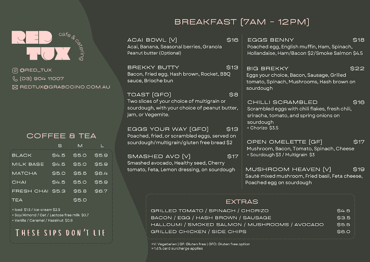 Menu, Red Tux Cafe