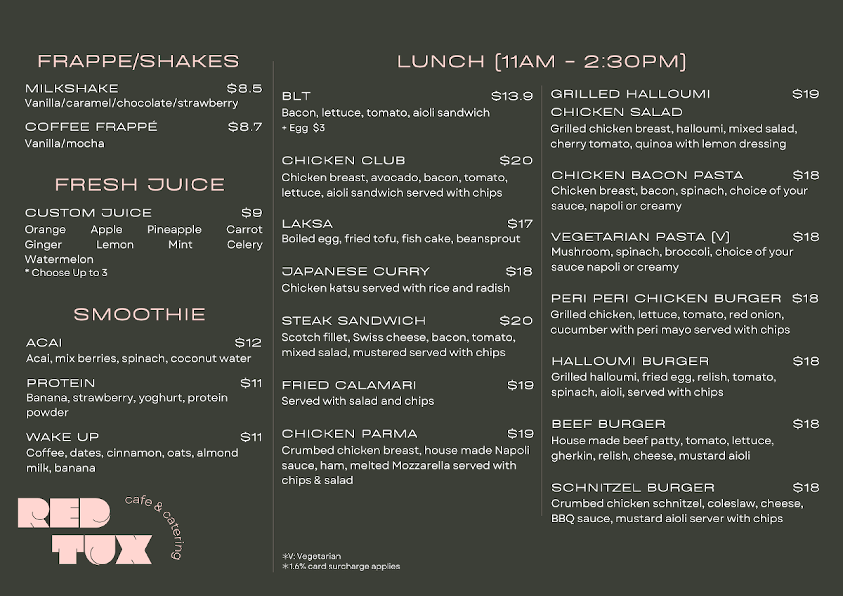 Menu, Red Tux Cafe