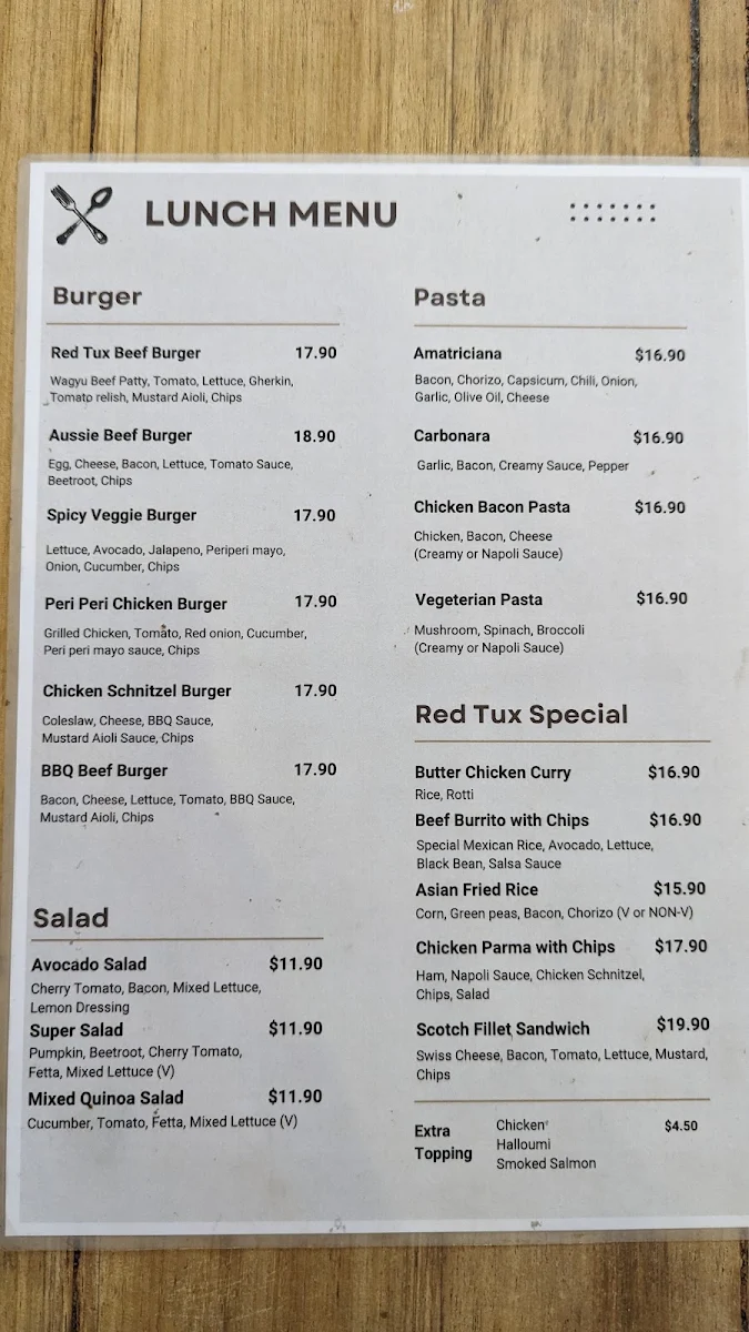 Menu, Red Tux Cafe