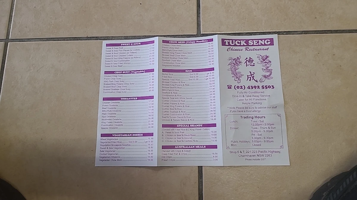 Menu, Tuck Seng Chinese Restaurant