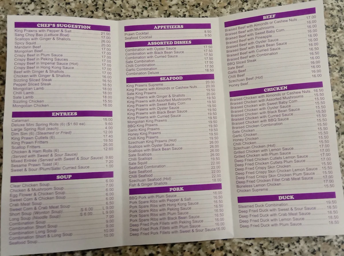 Menu, Tuck Seng Chinese Restaurant