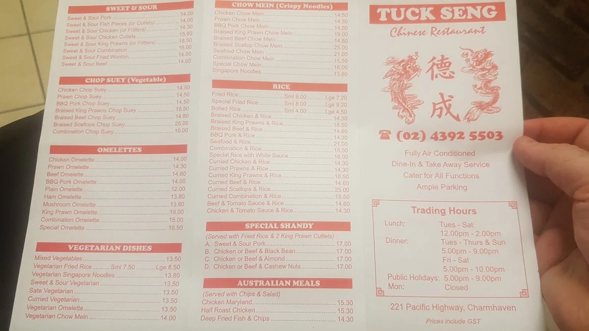 Menu, Tuck Seng Chinese Restaurant
