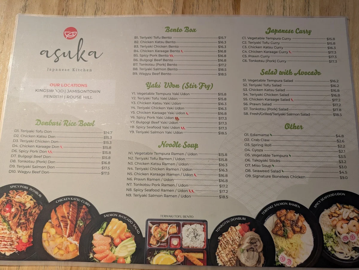 Menu, Asuka Japanese Kitchen (Rouse Hill)