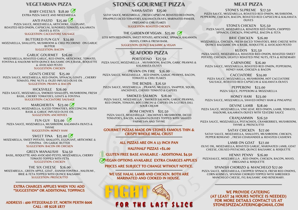 Menu, Stones Pizza