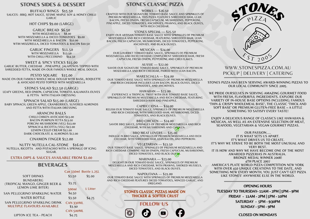 Menu, Stones Pizza
