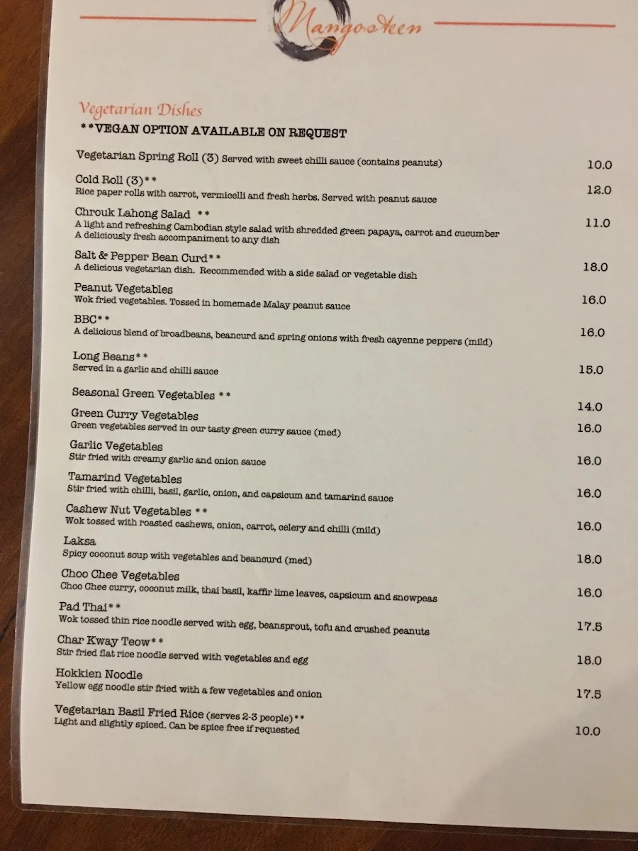 Menu, Mangosteen Restaurant