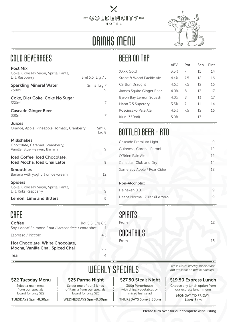 Menu, Golden City Hotel
