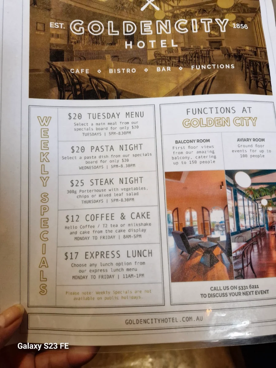 Menu, Golden City Hotel