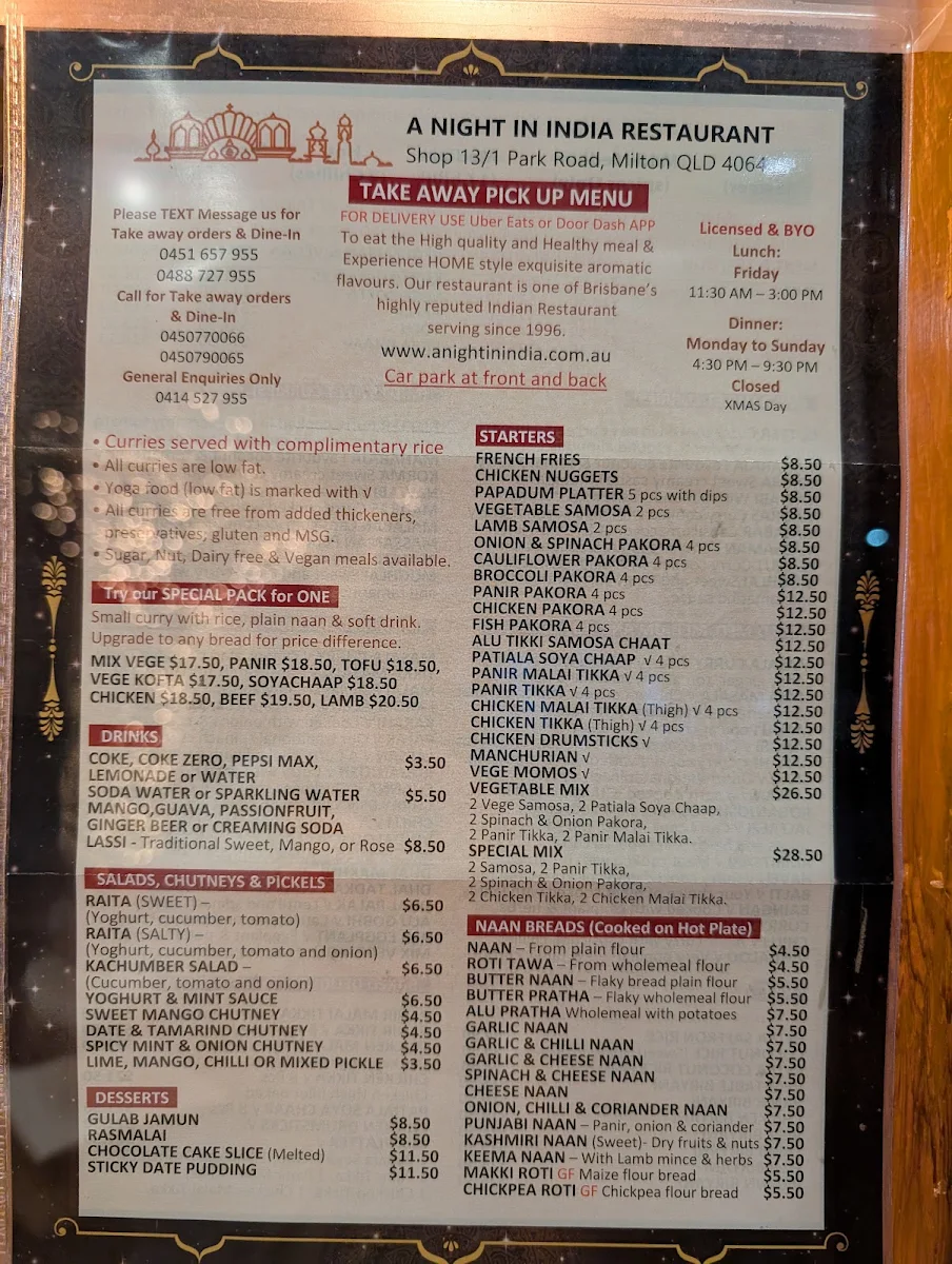 Menu, A Night in India Restaurant EST 1996