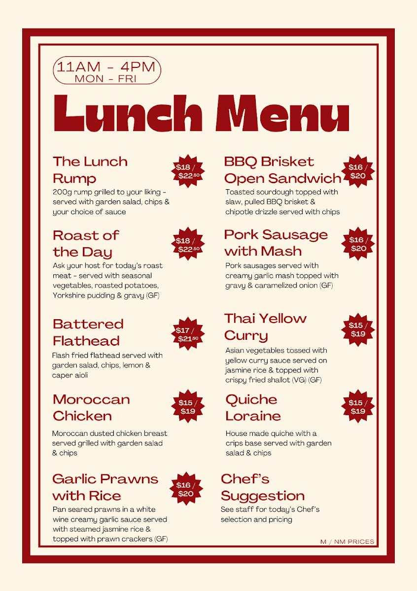 Menu, Falvey's Hotel Yamanto
