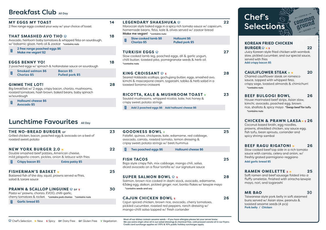 Menu, Common Ground Coffee & Kitchen Hurstville