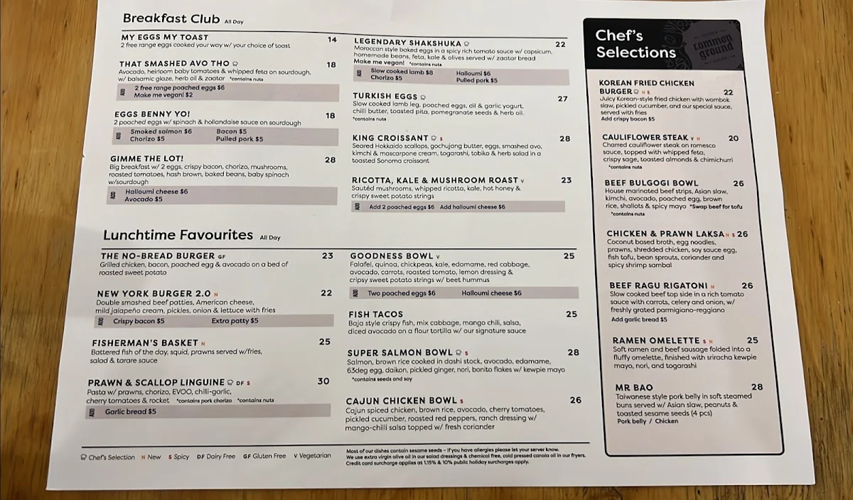 Menu, Common Ground Coffee & Kitchen Hurstville