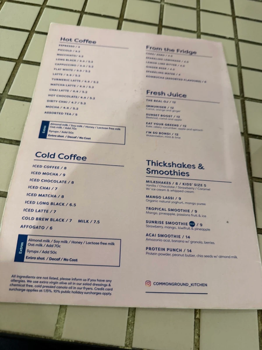 Menu, Common Ground Coffee & Kitchen Hurstville