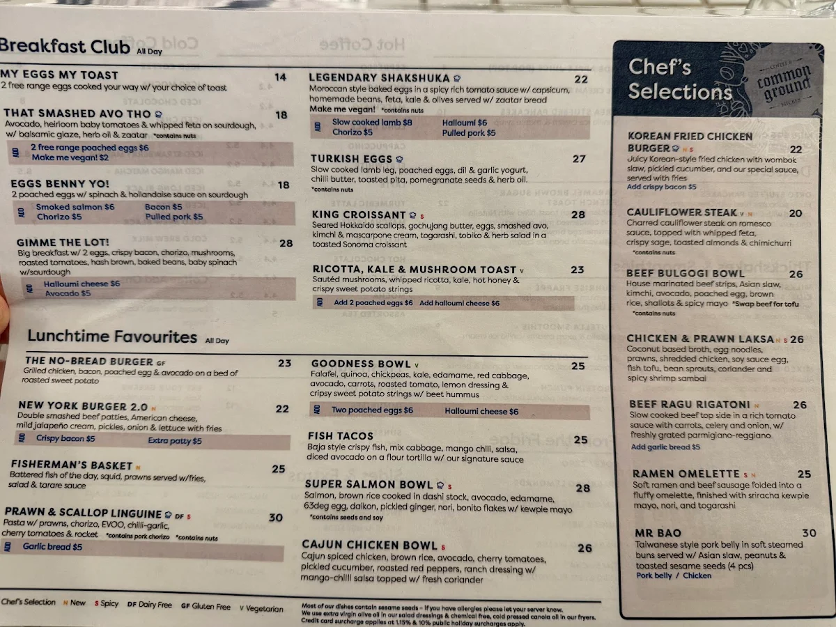 Menu, Common Ground Coffee & Kitchen Hurstville