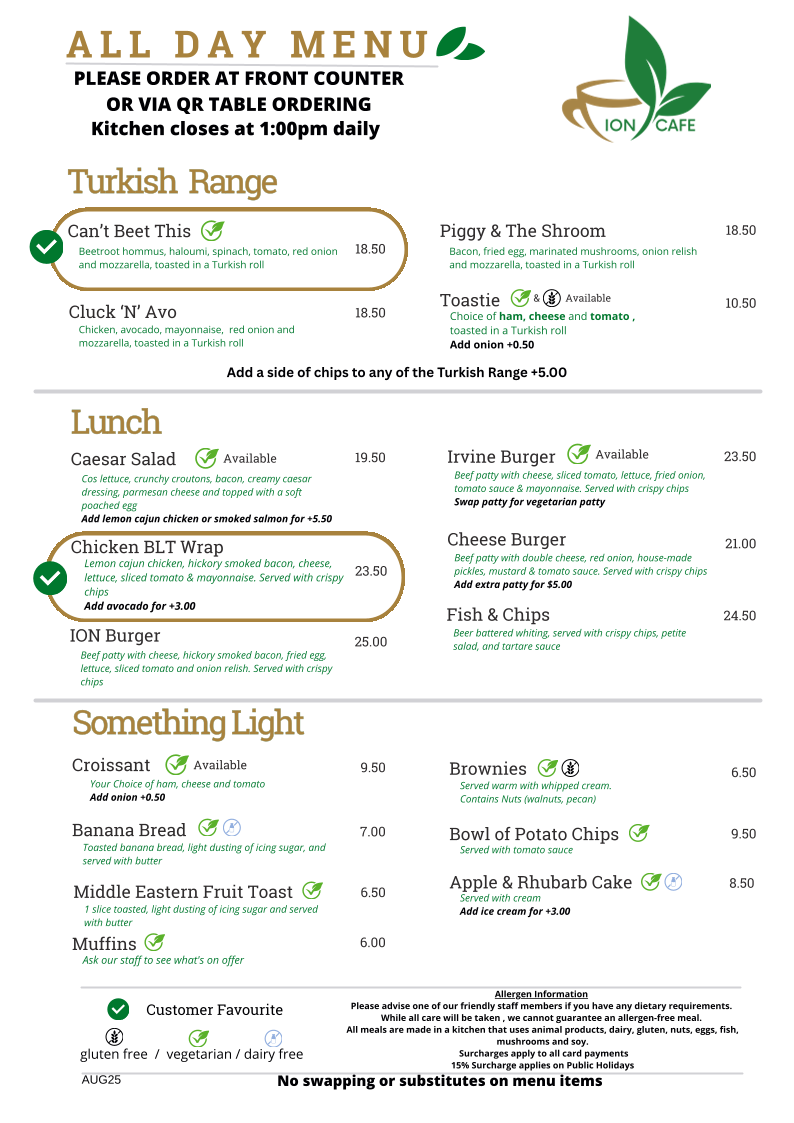 Menu, ION Cafe