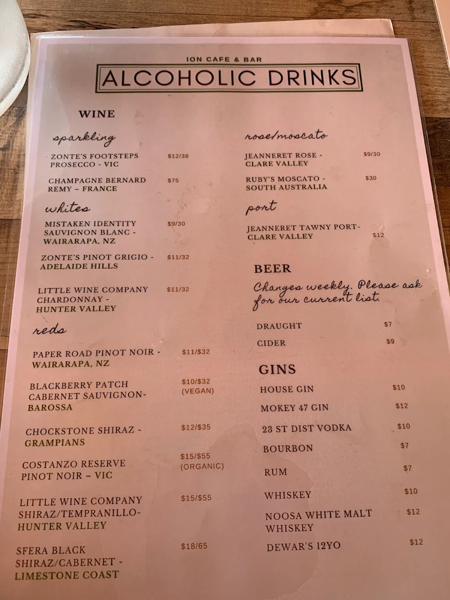 Menu, ION Cafe