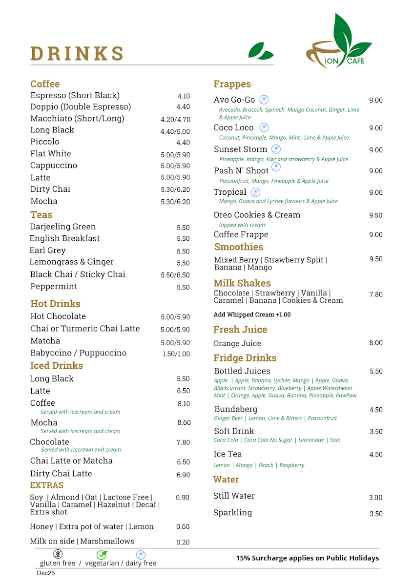 Menu, ION Cafe