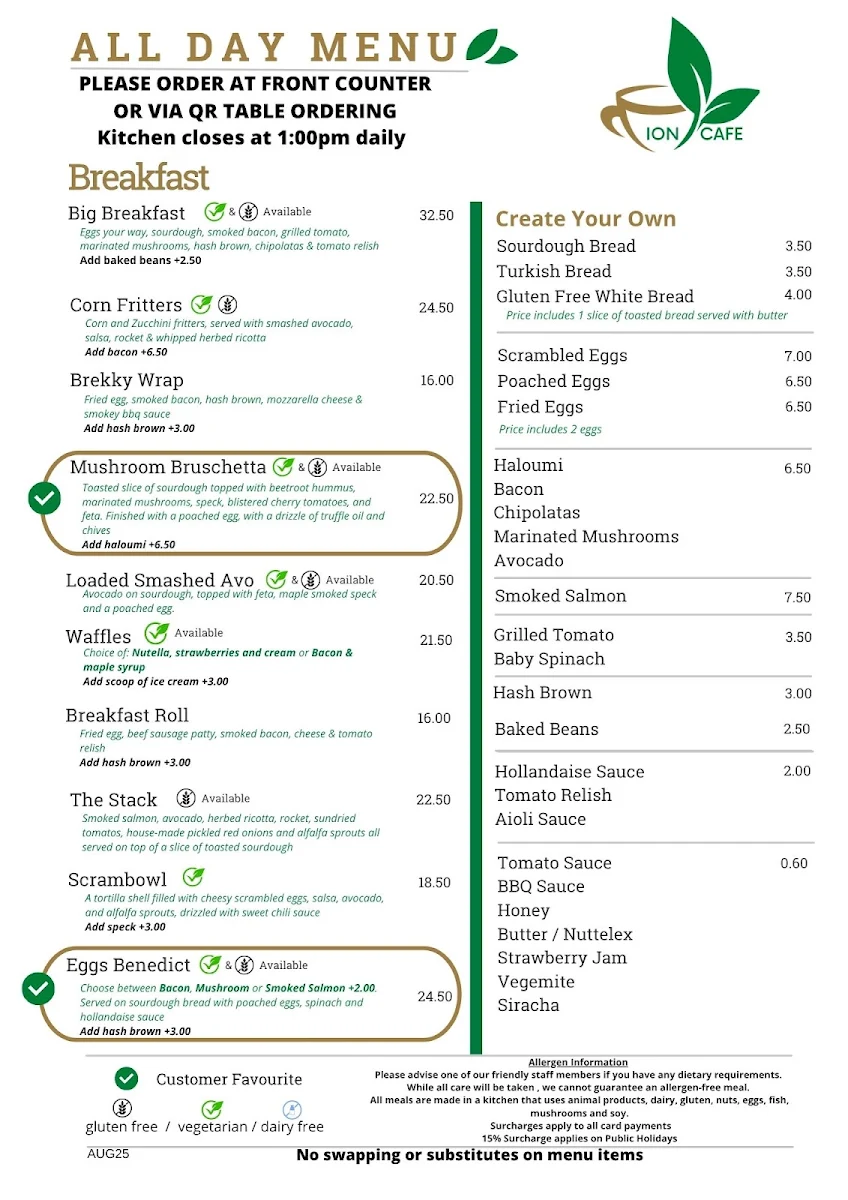 Menu, ION Cafe