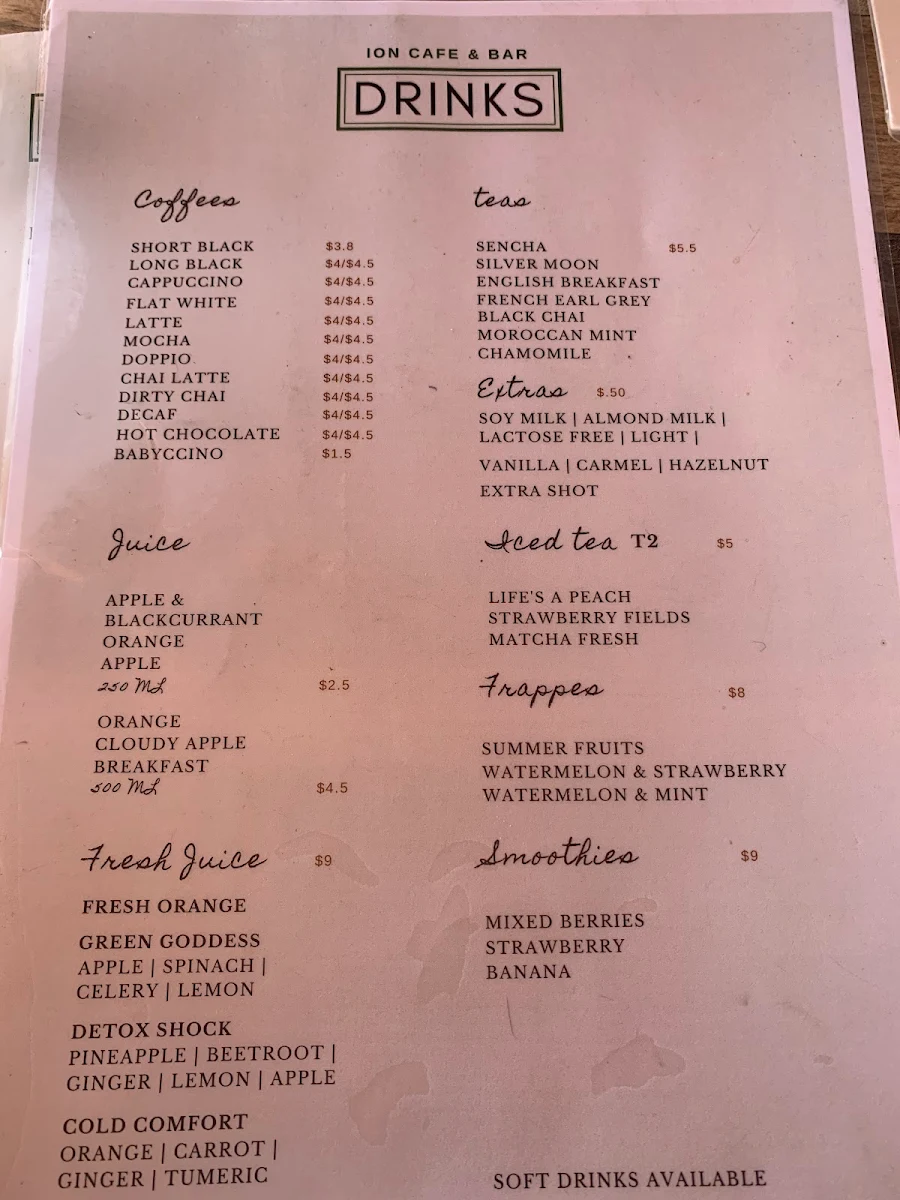 Menu, ION Cafe
