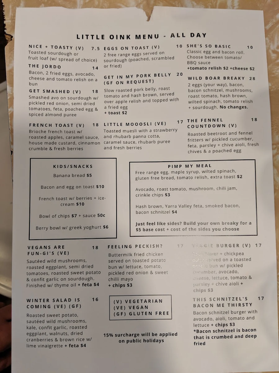 Menu, Little Oink
