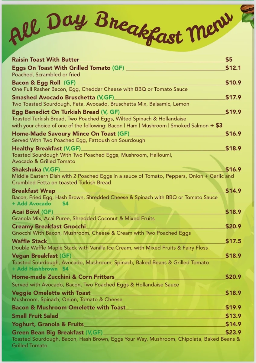 Menu, Cafe Green Bean