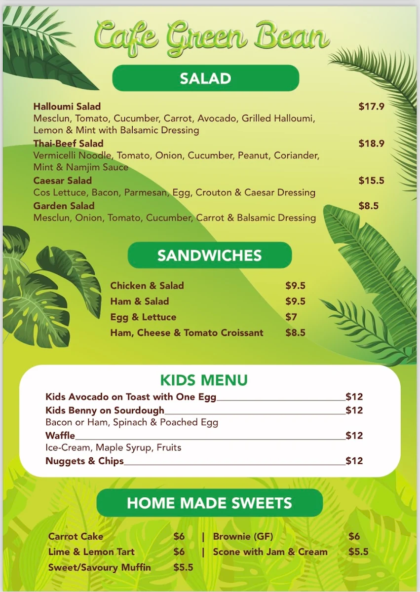 Menu, Cafe Green Bean