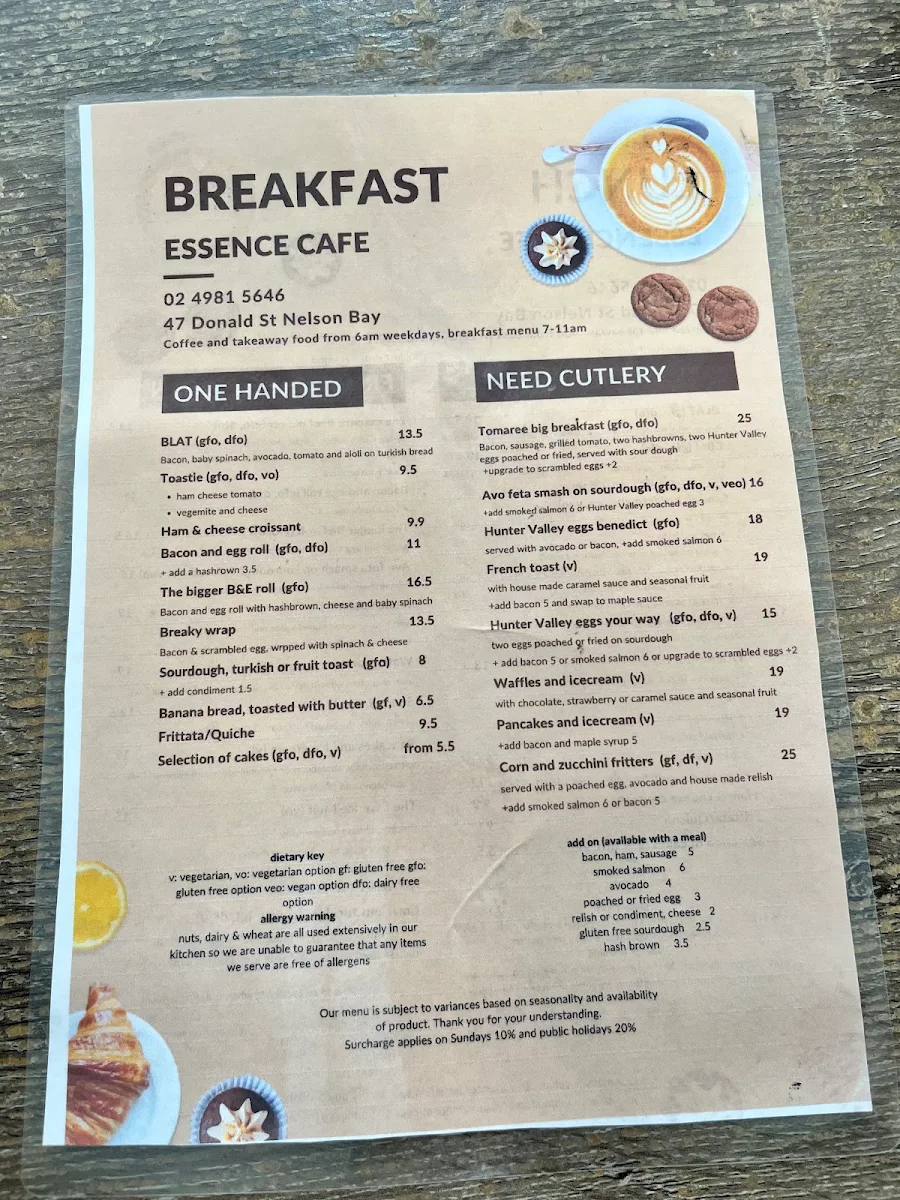 Menu, Essence Cafe Nelson Bay