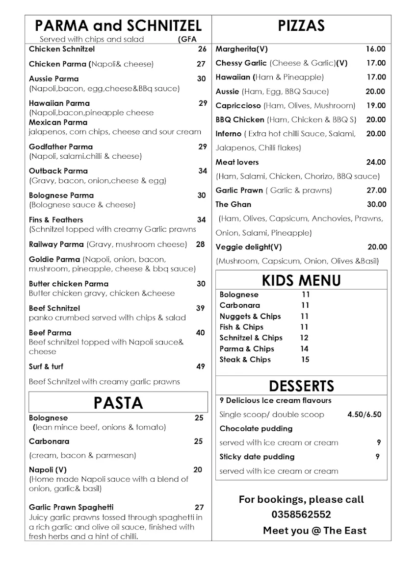 Menu, Railway Hotel Murchison