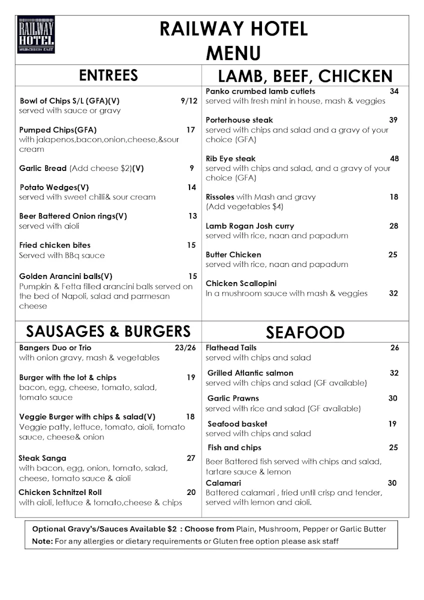Menu, Railway Hotel Murchison
