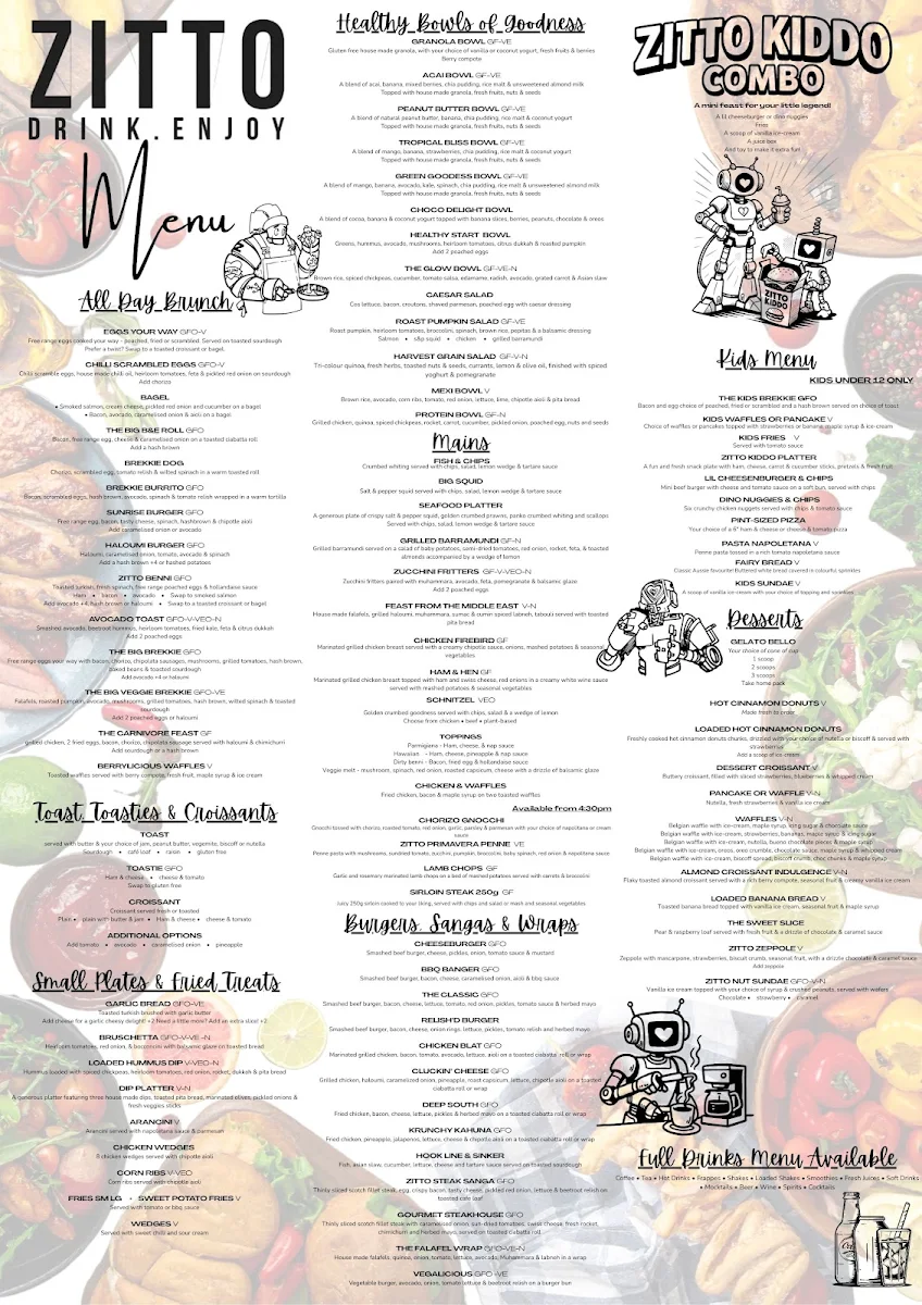 Menu, Zitto Tea Tree Plaza