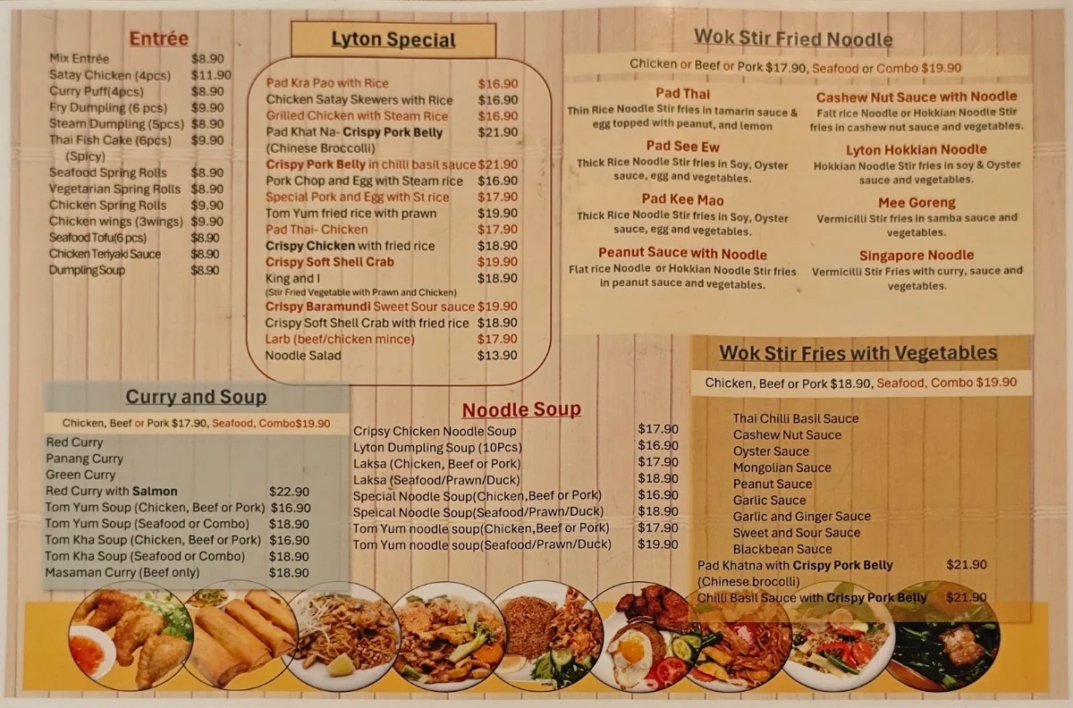 Menu, Lyton Noodle House