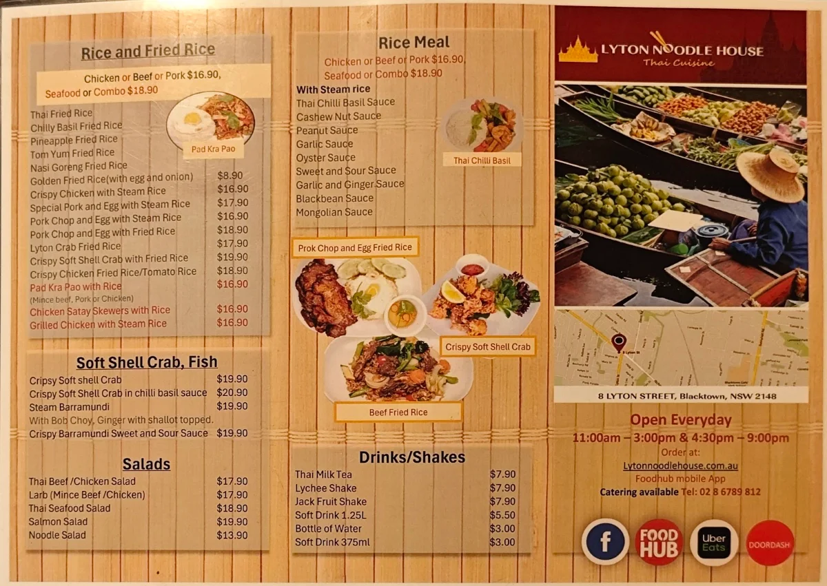 Menu, Lyton Noodle House