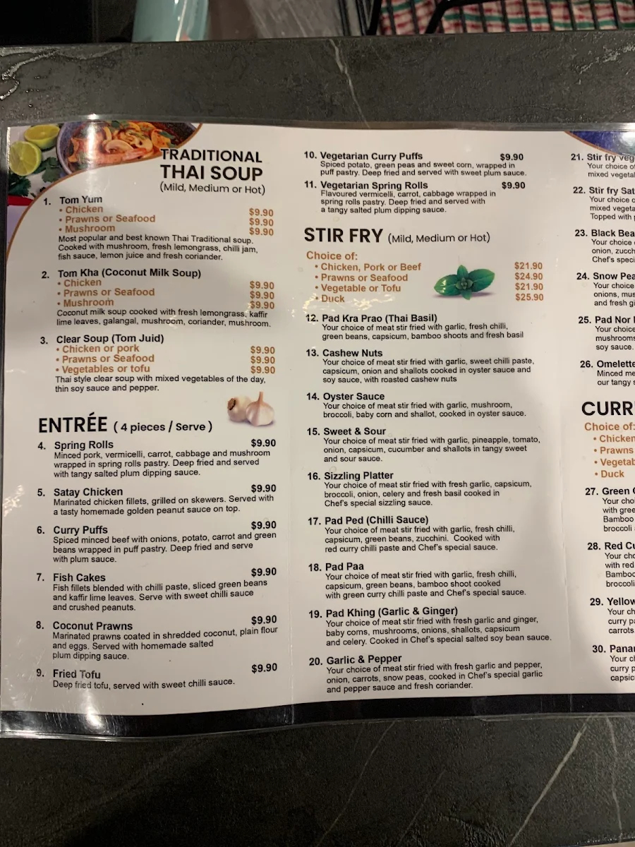 Menu, Ban-Na Thai Restaurant (Mackay CBD)