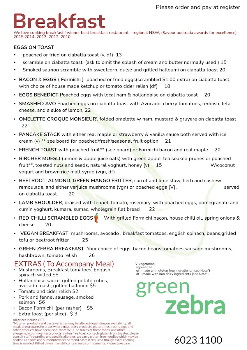 Menu, Green Zebra Albury