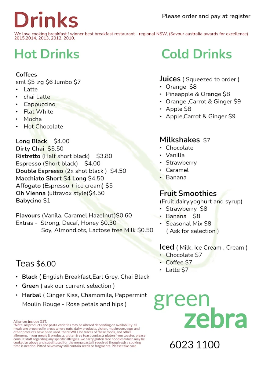 Menu, Green Zebra Albury