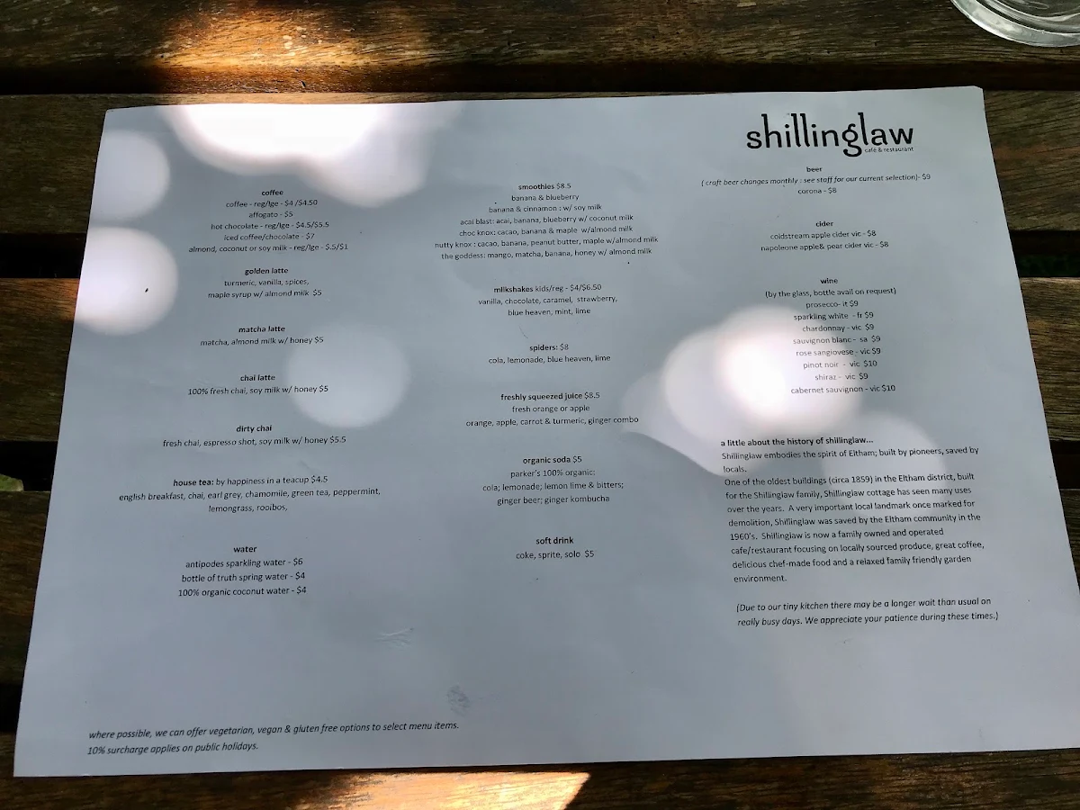 Menu, Shillinglaw Cafe