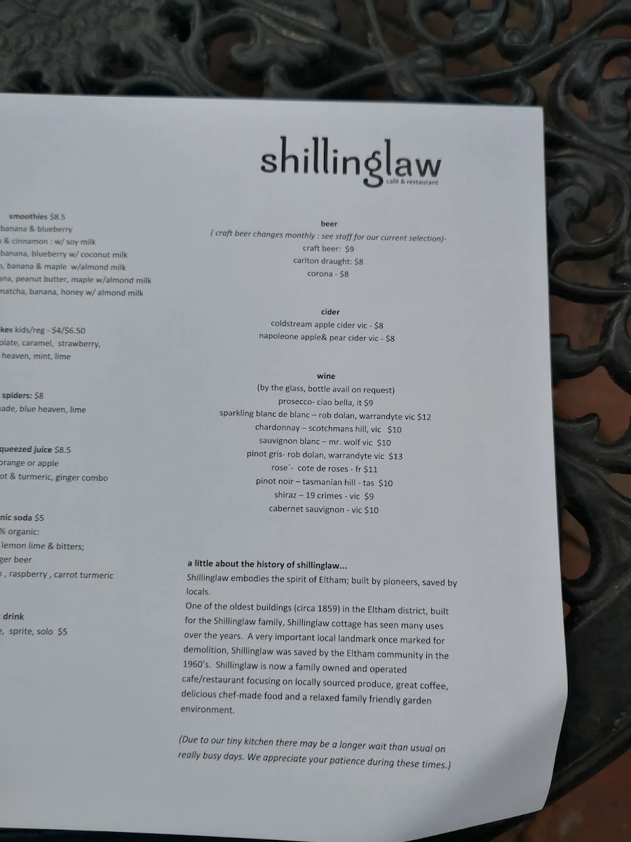 Menu, Shillinglaw Cafe
