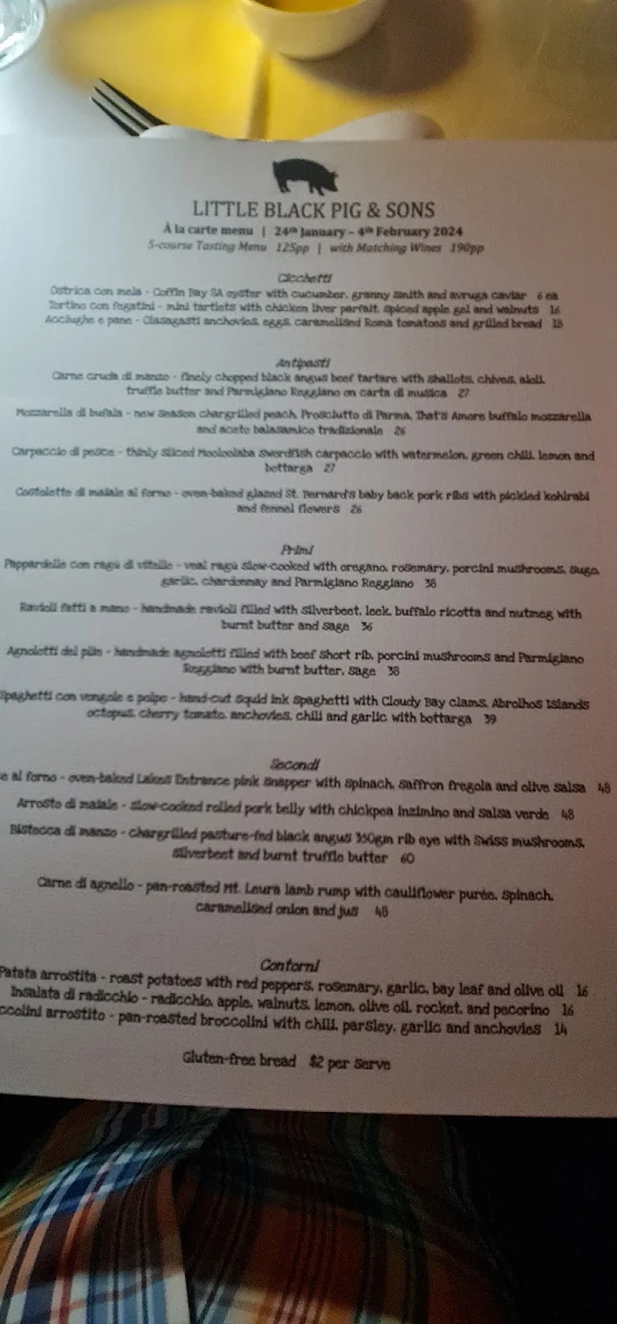 Menu, Little Black Pig & Sons