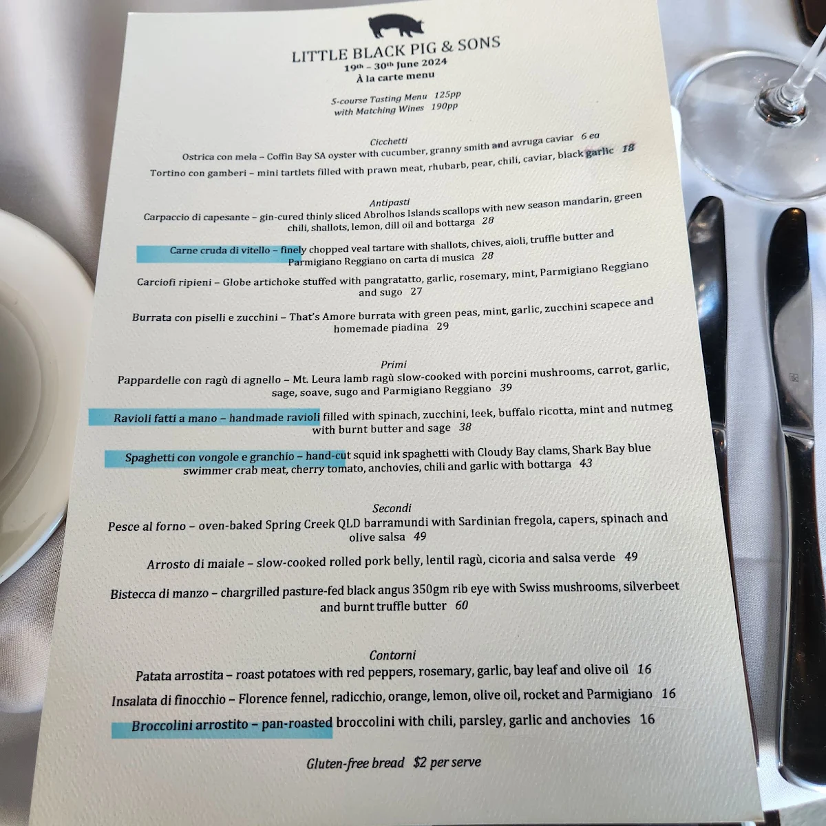 Menu, Little Black Pig & Sons