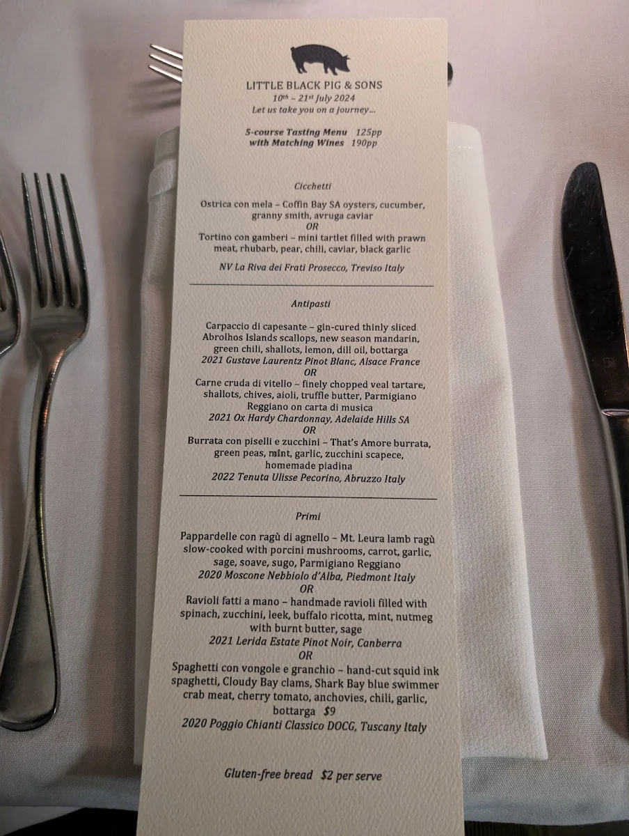 Menu, Little Black Pig & Sons