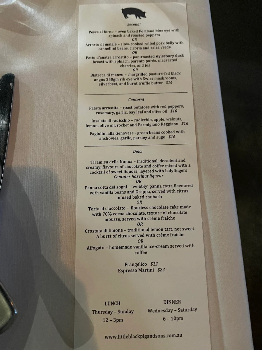 Menu, Little Black Pig & Sons