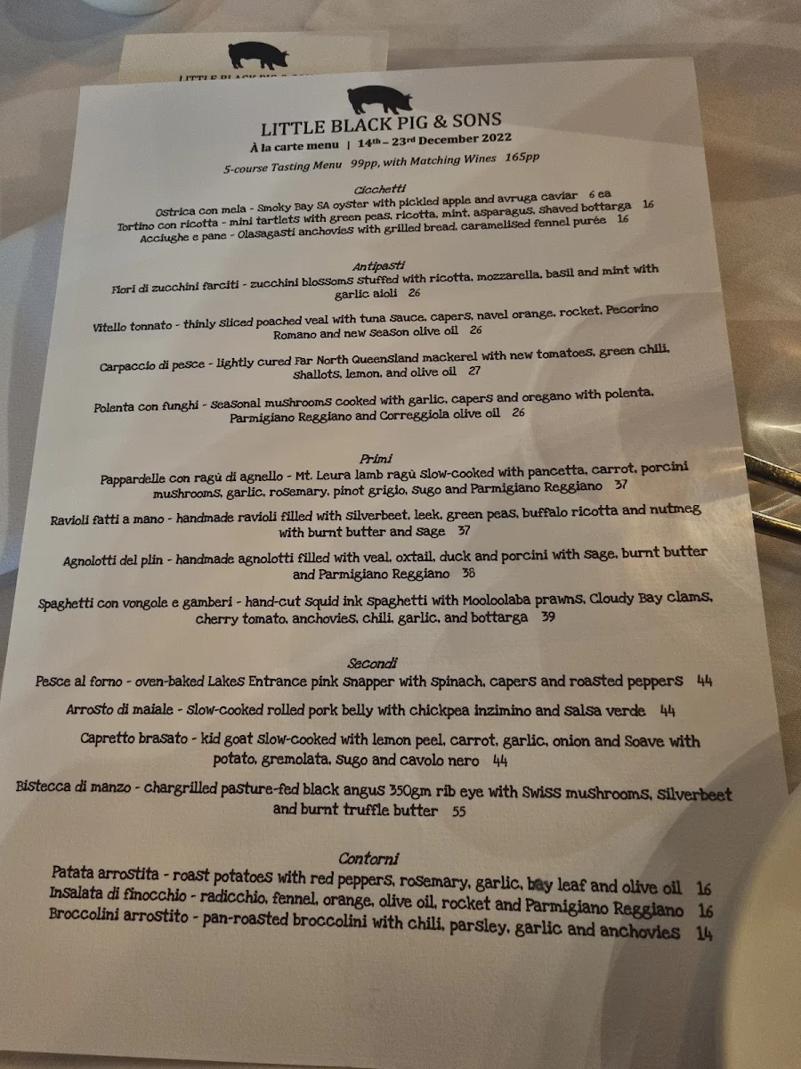Menu, Little Black Pig & Sons