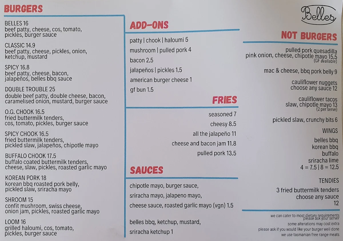 Menu, Belles Burgers