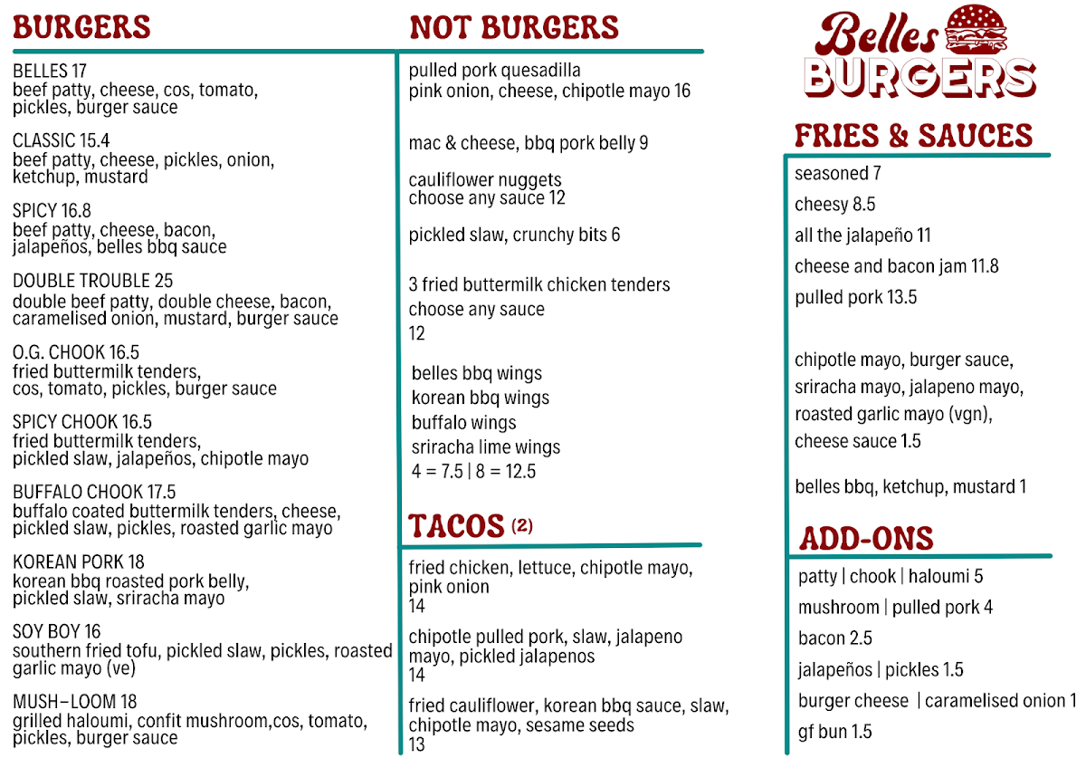 Menu, Belles Burgers