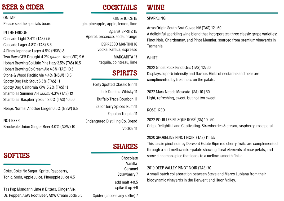 Menu, Belles Burgers