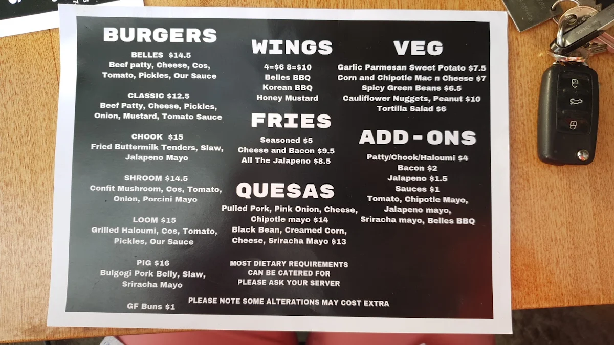 Menu, Belles Burgers